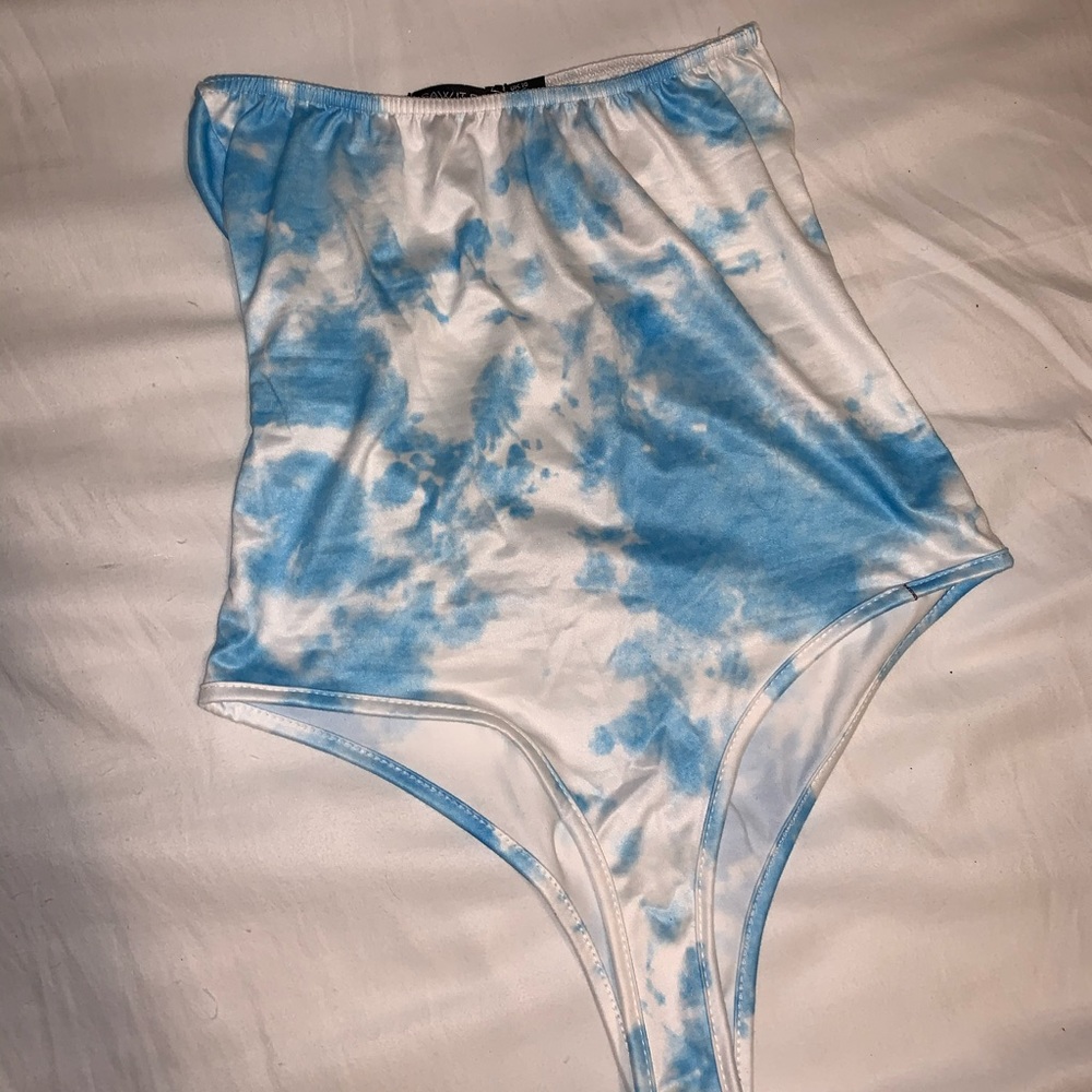 Blue Tie Dye Bandeau Thong Bodysuit